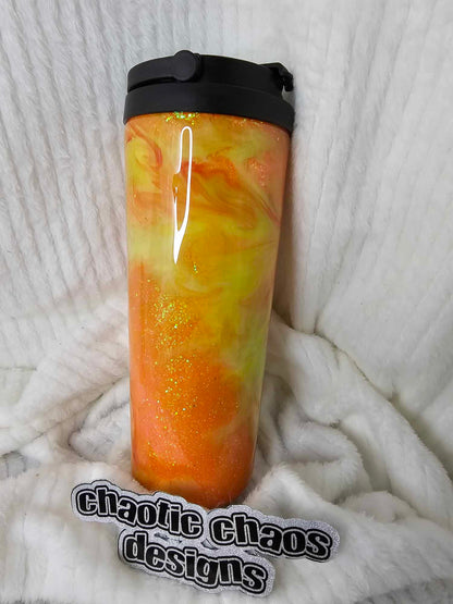 24oz Travel orange glitter base with orange and yellow swirl